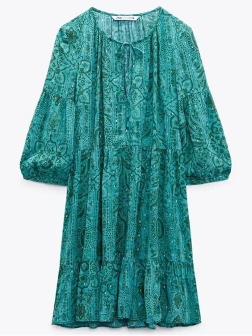 ZARA Feminine Boho Print Cotton Tiered Midi Dress Green Gold Women’s Size Medium